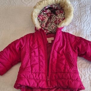 London Fog Pink Puffer Jacket with Faux Fur Hood